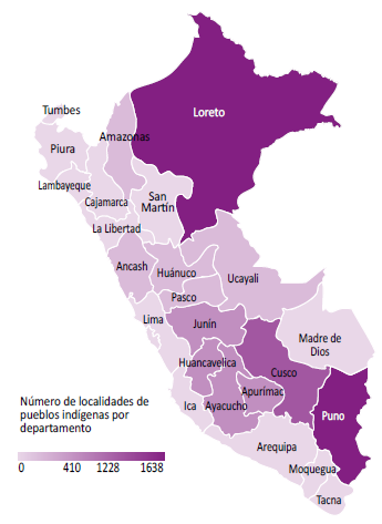 Concentración de los Pueblos indígenas por departamentos, según la BDPI del Ministerio de Cultura.